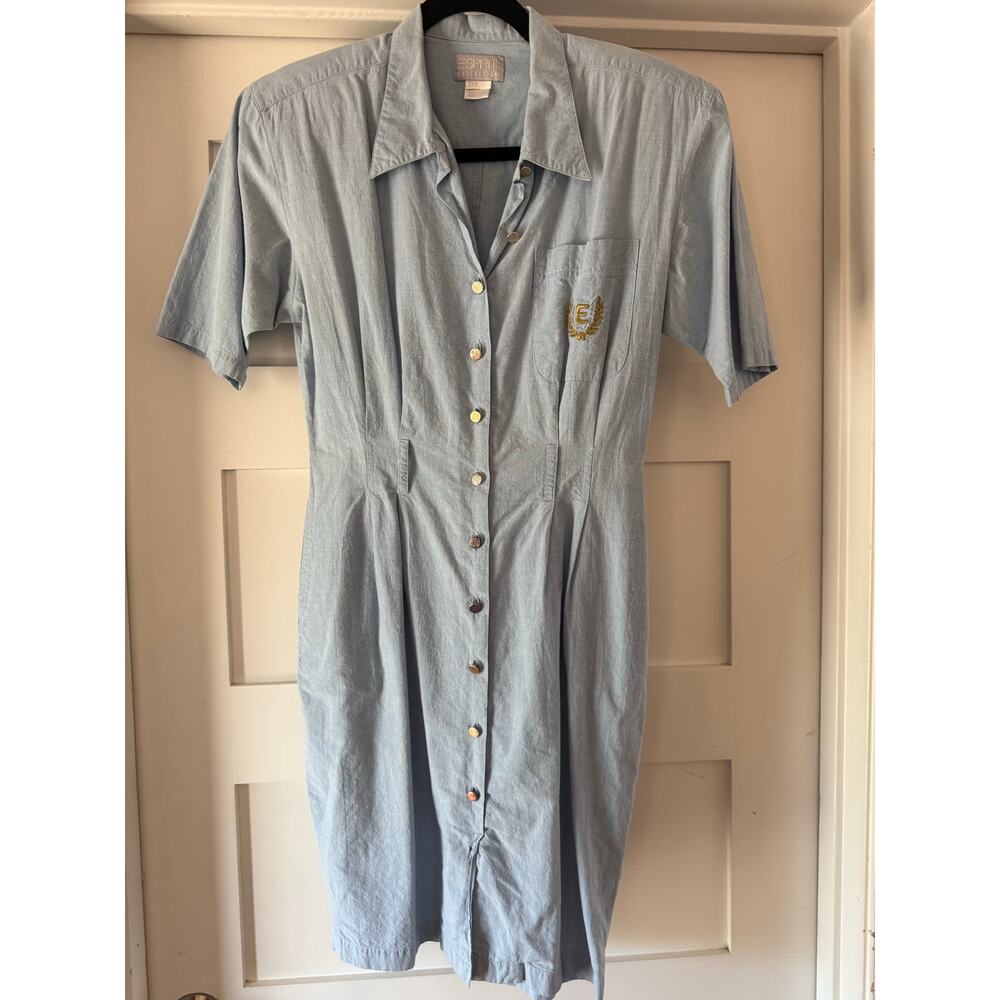 Vintage 90s Esprit Collection Shirt Dress Gold Crest Button Front Midi Dress - Picture 2 of 8